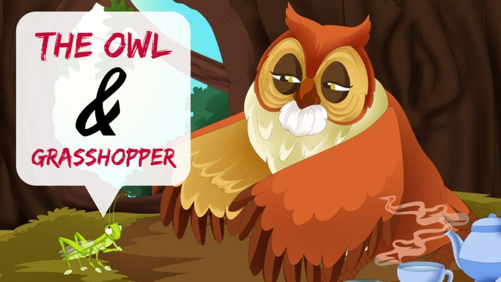 Animated brown owl with green frog looking at each other