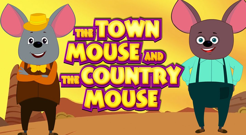 Two mice standing, one is country mouse and other is town mouse