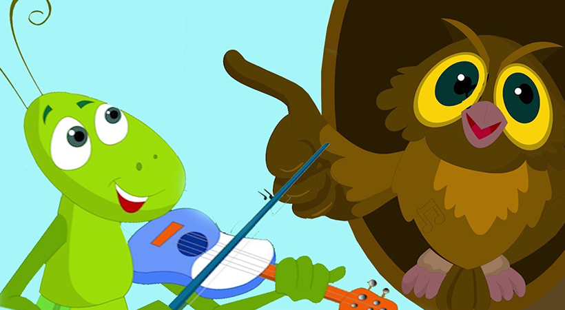Brown animated owl and green animated frog